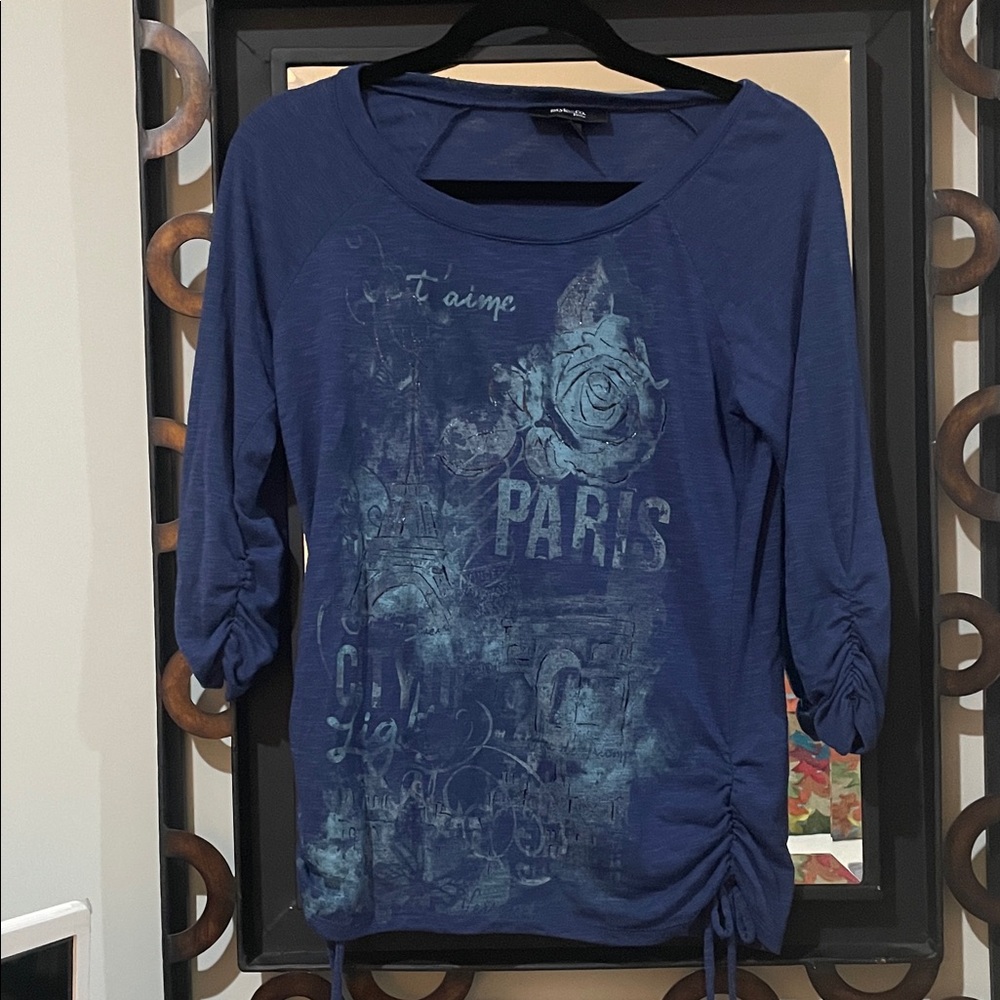 Women's Navy Paris Graphic Ruched 3/4 Sleeve Tee